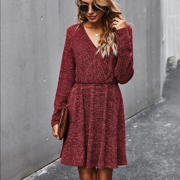 🍁🆕V Neck Long Sleeve Fall Dress Wine - Picture 3 of 7